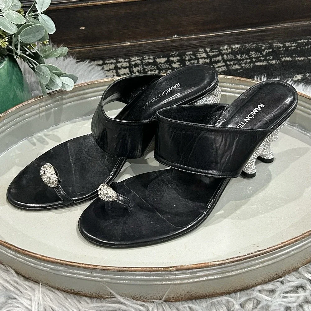 Ramon Tenza Black Heel W/Swarovski Crystal‎ Embellished Elephant Heel SZ 40 RARE